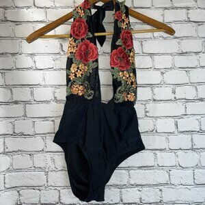 South Beach Swimsuit Bathing Suit Sz 4 Red Floral Black Plunge Small Embroidered